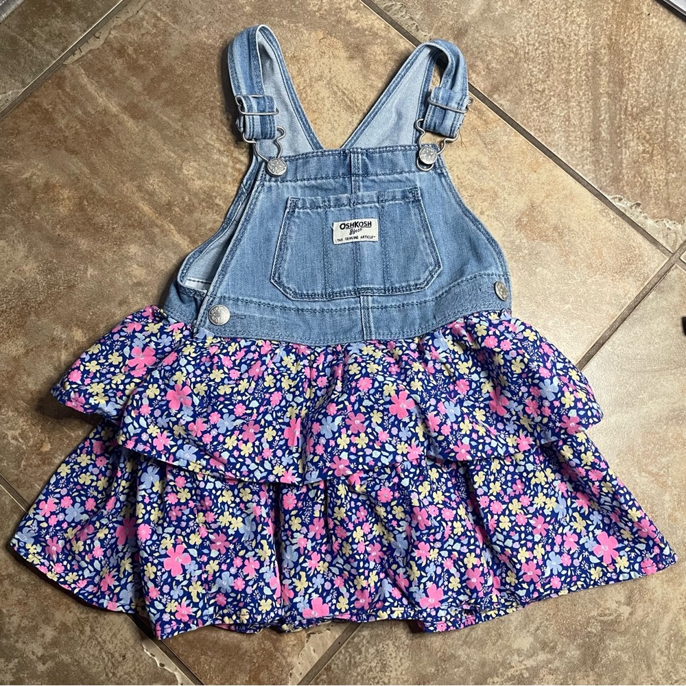 Oshkosh B'gosh Girl Denim Vestback Overall Dress Blue Pink Floral Tiered Size 3T
